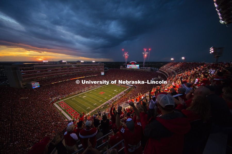 Fireworks punctuate the Huskers second touchdown of the night in the second quarter. Nebraska vs. Fresno State. September 3, 2016. Photo by Craig Chandler / University Communication Photography.