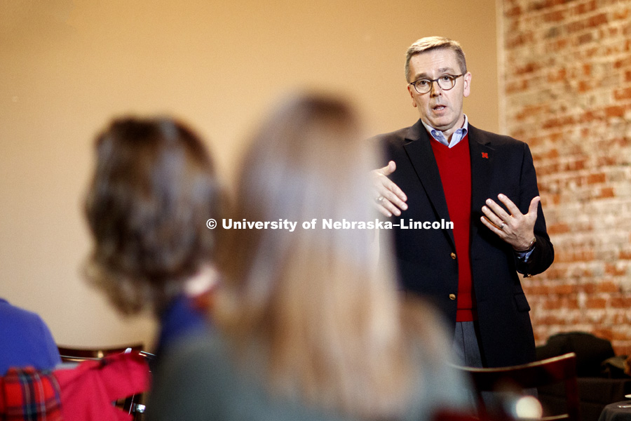 Chancellor Ronnie Green, Executive Vice Chancellor Donde Plowman and Mike Boehm, Harlan Vice Chancellor of the Institute of Agriculture and Natural Resources at Nebraska, meet with stakeholders in Fremont, NE during the lunch hour Monday. The three are on