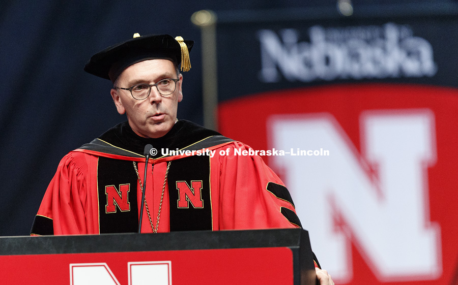 Chancellor Ronnie Green addresses the commencement. Students earning graduate and professional degrees received their diplomas Friday afternoon in Lincoln's Pinnacle Bank Arena. Undergraduate commencement is Saturday morning in the Arena. More than 3,000