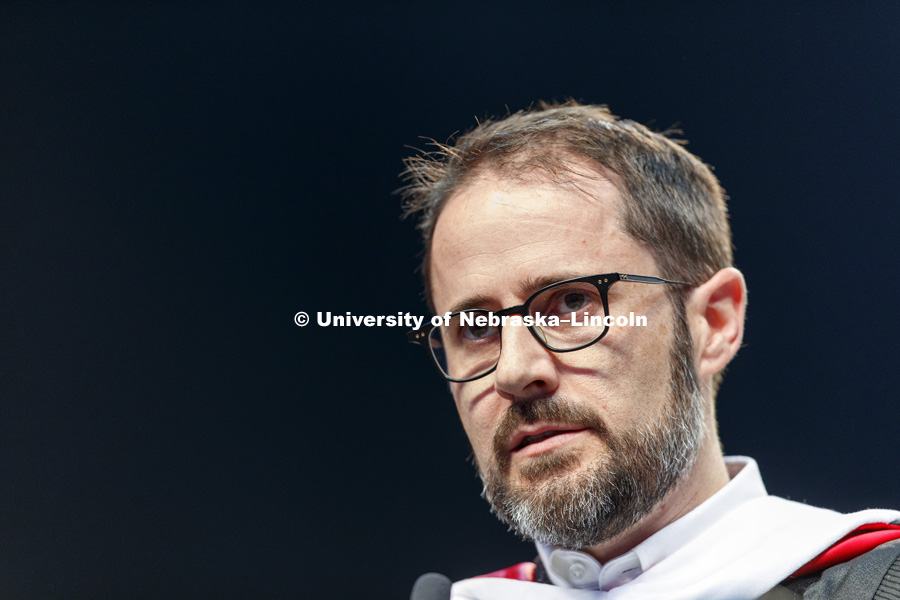 Evan Williams, Nebraska native and founder of Twitter, delivers his commencement address. Williams received an honorary degree before he delivered the Commencement Address "Farm Kid Swipes Fire". Students received their undergraduate diplomas Saturday