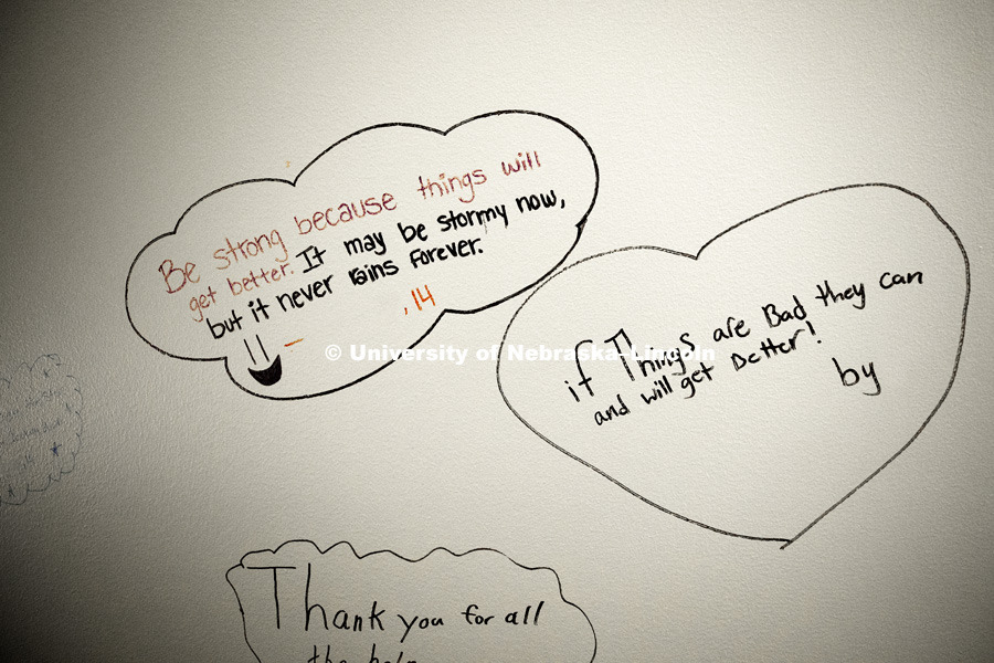 Inspirational writing from young abuse victims line the stairwell of the Child Advocacy Center in Lincoln, NE. University of Nebraska-Lincoln graduate student Kate Theimer is the lead author of a study examining victim blaming and children. The names-but