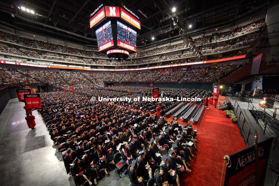 The Pinnacle Bank Arena is stuffed with graduates as undergraduate ceremonies were held Saturday morning. 3,221 degrees, a record, were awarded in the May ceremonies. Undergraduate Commencement at Pinnacle Bank Arena. May 5, 2018. Photo by Craig Chandler 