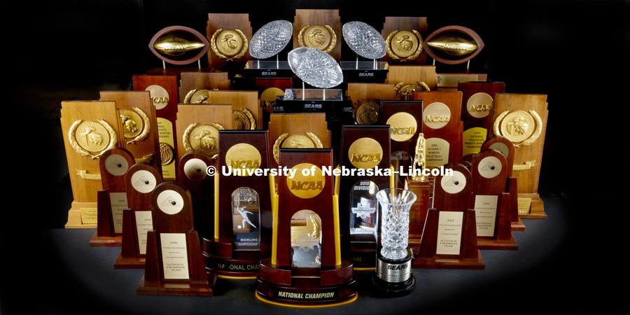 Nebraska's Championship trophies all together. Photographed for the N150 anniversary book. June 26, 2018. Photo by Craig Chandler / University Communication.
