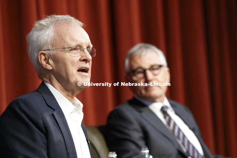 Senators Bob Kerrey and Chuck Hagel participate in a discussion on Stewards of Civil Discourse: Value and Impacts on Nebraska’s Future as part of the Heuermann Lecture series. October 22, 2018. Photo by Craig Chandler / University Communication.