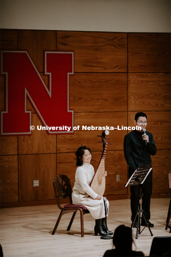 Our Nebraska: Express Yourself Expo in the Oasis Center. Chinese students playing traditional string instruments. January 31, 2019. Photo by Justin Mohling / University Communication.
