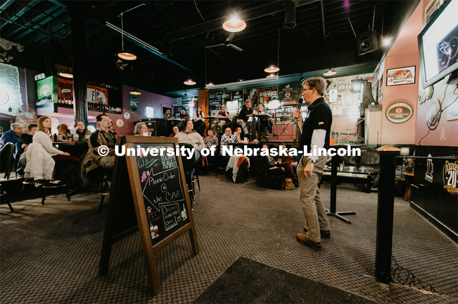 The University of Nebraska State Museum's Science Café is held each month at the Happy Raven in downtown Lincoln, 112 N 11th Street. This month’s speaker was Dr. Nathaniel Cunningham, Associate Professor at Nebraska Wesleyan University. The title of his talk was “To Pluto and Beyond with New Horizons”. February 26, 2018. Photo by Justin Mohling / University Communication.