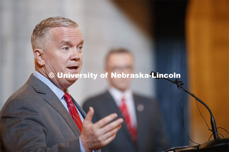 Timothy Clare, chairman of the Board of Regents, addresses the group who assembled as part of NU Advocacy Day at the Nebraska Legislature. March 27, 2019. Photo by Craig Chandler / University Communication.