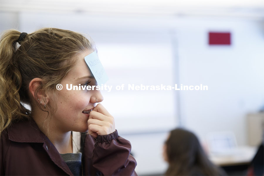 Jemalyn Griffin teaches ADPR 221 - Strategic Writing for Advertising and Public Relations. College of Journalism and Mass Communications classroom photos. Students do an exercise with post it notes stuck to their foreheads. April 11 2019. Photo by Craig Chandler / University Communication.