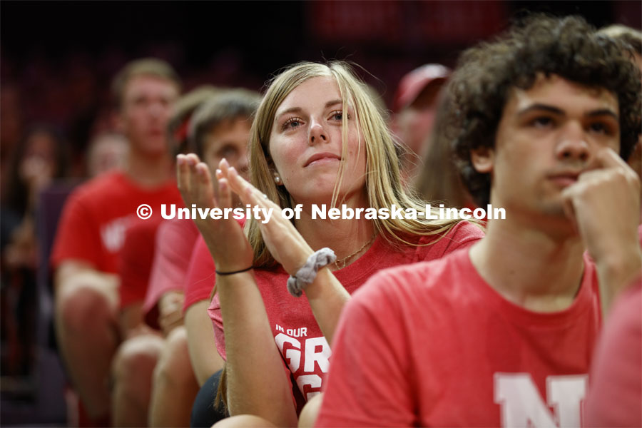 Students listen to Chancellor Ronnie Green speak at New student convocation in the Bob Devaney Sports Center. August 23, 2019. Photo by Craig Chandler / University Communication.