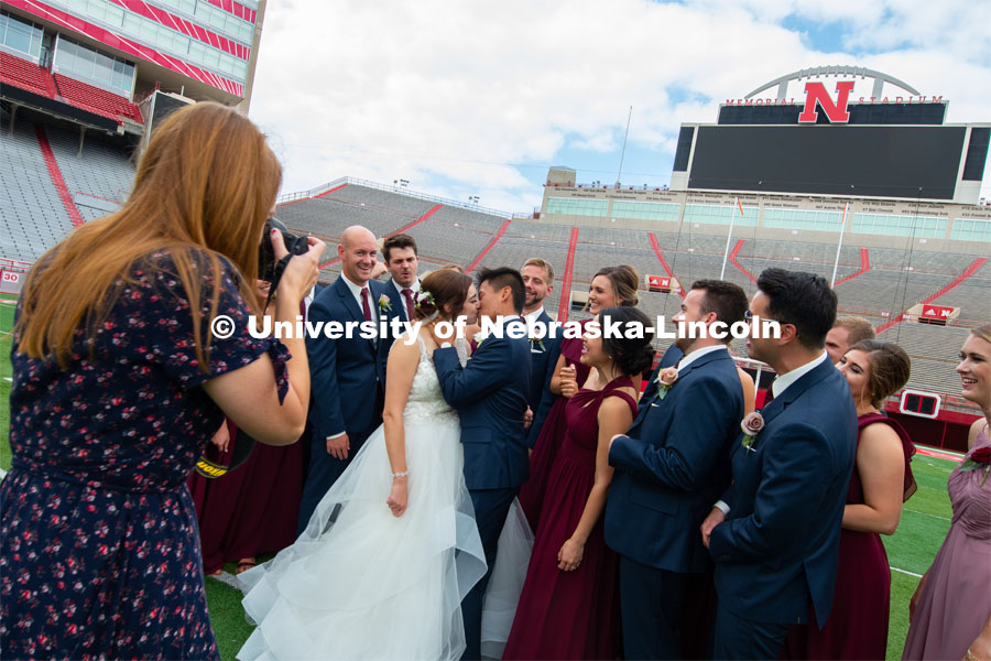 Homecoming week is a special time for Laura and Shayne Arriola. In 2017, the two were crowned homecoming king and queen, and Shayne proposed in front of 90,000 Husker fans. Two weeks ago, Laura and Shayne were married and celebrated their wedding with photos (taken by Brooke LaBenz Graham) at Memorial Stadium. September 21, 2019. Photo by Gregory Nathan / University Communication.