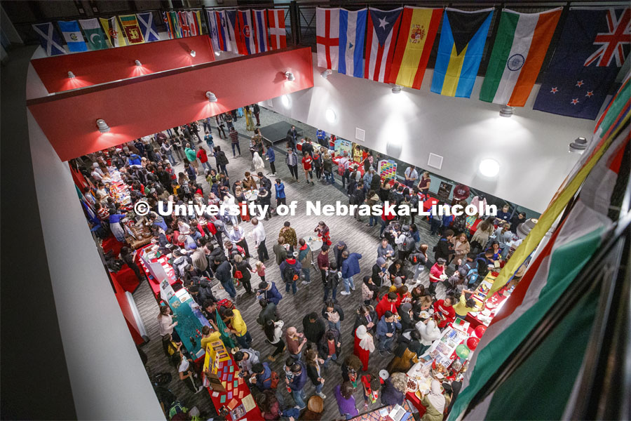 The third floor area of Memorial Stadium west was filled with student attending the Global Huskers Festival. The festival is a multicultural festival provides attendees the chance to explore the world through informational booths that will have food, cultural décor, art, and more, each hosted by UNL students from those culture. November 19, 2019. Photo by Craig Chandler / University Communication.