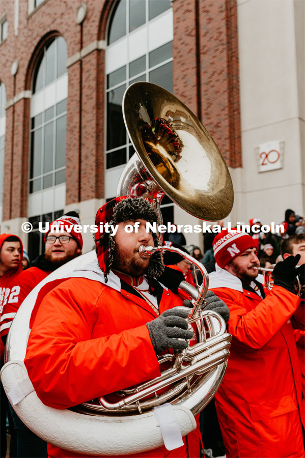 Sousaphone player Nathan McGahan at the Unity Walk. Nebraska vs. Iowa State University football game. November 29, 2019. Photo by Justin Mohling / University Communication.