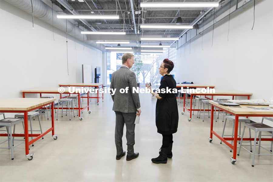 NU President Ted Carter listens as Megan Elliott, founding director of the Johnny Carson Center for Emerging Media Arts, describes the new center. NU President Ted Carter tours UNL campuses. January 17, 2020. Photo by Craig Chandler / University Communication.