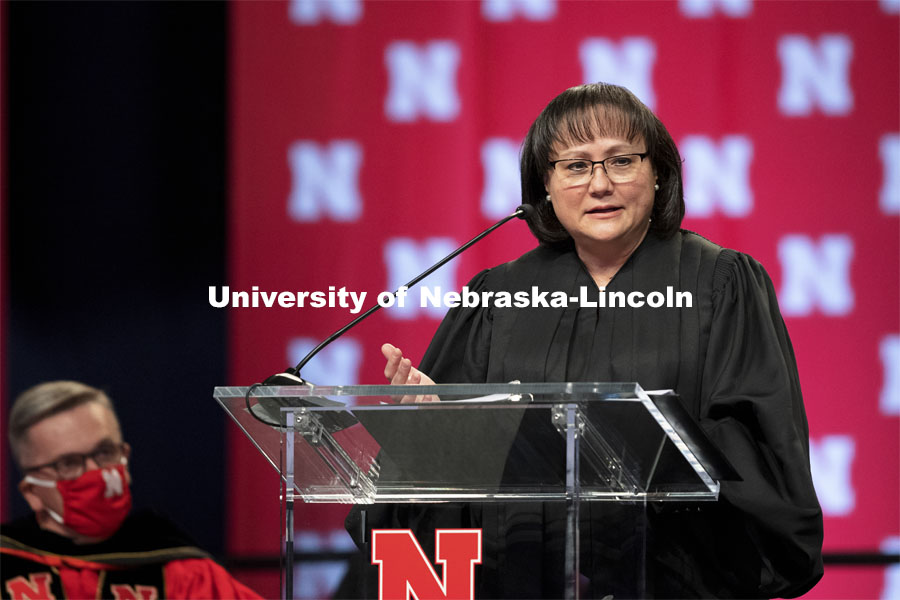 Hon. Riko Bishop, Judge, Nebraska Court of Appeals, and a 1992 Nebraska Law graduate, gives the commencement address. College of Law Graduation at Pinnacle Bank Arena. May 7, 2021. Photo by Craig Chandler / University Communication.