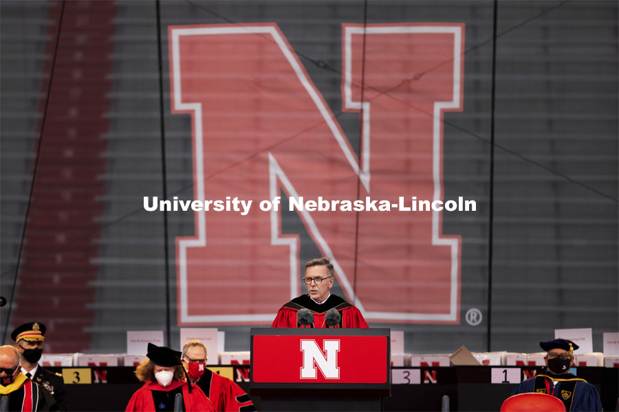 Chancellor Ronnie Green gives his greeting to students and guests to begin the afternoon commencement ceremony. The university conferred a record 3,594 degrees during the May commencement ceremonies. UNL Commencement in Memorial Stadium. May 8, 2021. Photo by Craig Chandler / University Communication.