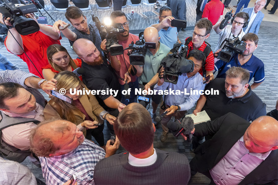 New Nebraska Athletic Director Trev Alberts is surrounded by the media after the press conference. Alberts returns to his alma mater after spending the last 12 years at UNO. July 14 2021. Photo by Craig Chandler / University Communication.