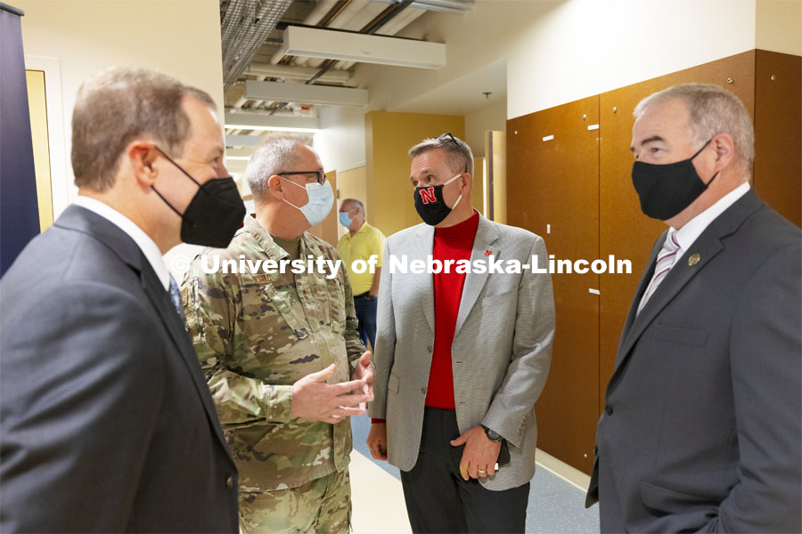 UNL Chancellor Ronnie Green talks with Maj. Gen. Daryl L. Bohac, Adjutant General, Nebraska National Guard, at the ceremony. Ribbon cutting for NSRI and IANR Collaborative Biosecurity Laboratory in the Morrison Virology Center on East Campus. September 27, 2021. Photo by Craig Chandler / University Communication.