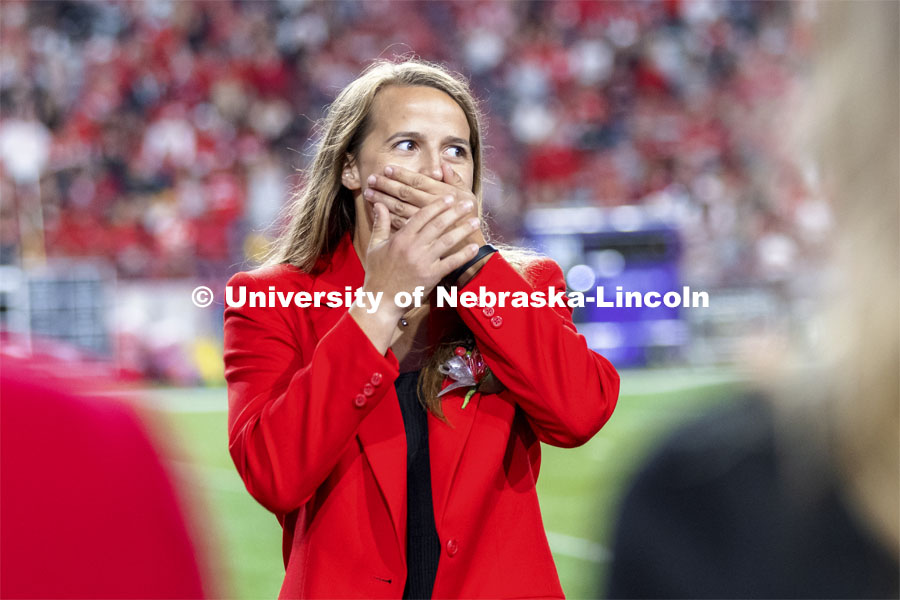 Leigh Jahnke of West Point reacts after being named homecoming royalty at the University of Nebraska–Lincoln. Nebraska vs Northwestern University homecoming game. October 2, 2021. Photo by Craig Chandler / University Communication.