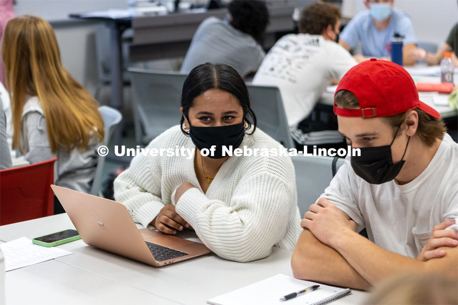 Hannah Sunderman, Program Director, NHRI Leadership Mentoring and Professor of Practice, works with her ALEC 102 Interpersonal Skills for Leadership class. They were doing a values game.October 7, 2021. Photo by Abby Durheim for University Communication.