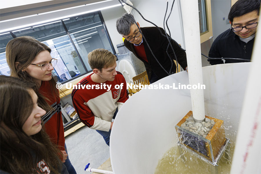 Students in Chung Song’s Distributed Temperature Sensing, Nano Indentation, UNL-Erosion Testing Bed, CPT-HPT-MIP lab. College of Engineering photo shoot. March 30, 2022. Photo by Craig Chandler / University Communication.