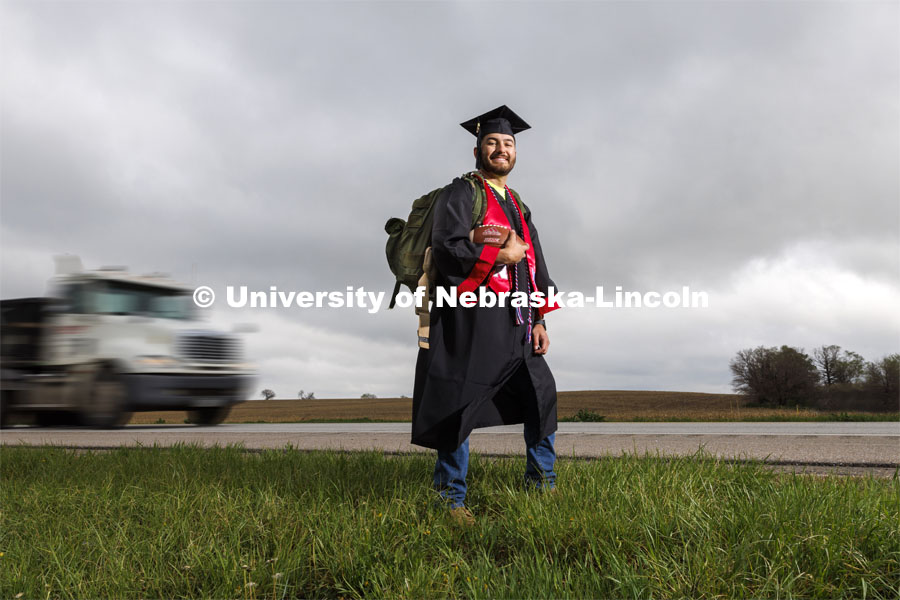 Rodrigo Venegas, a retired Marine and construction management major, is from Grand Island and will graduate May 14. He organized the 2020 ruck march. May 3, 2022. Photo by Craig Chandler / University Communication.