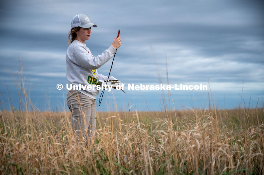 PhD student Grace Schuster uses a Kestrel to measure wind speed during point counts, which are used to help measure wild bird species richness and abundance. She is working in a pasture southwest of North Platte. July 6, 2022. Photo by Iris McFarlin, AWESM Lab Communications.