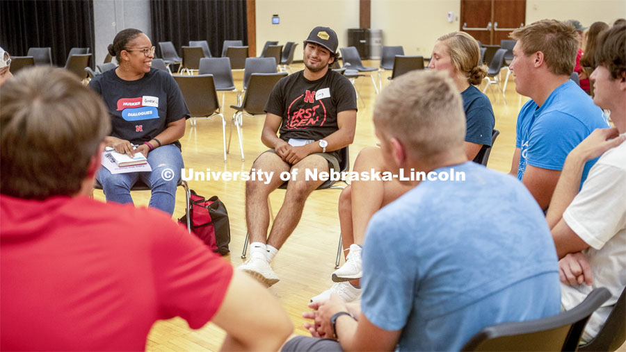 The Husker Dialogues program allows first-year students a chance to engage in face-to-face discussions centered on diversity. Husker Dialogues in the Nebraska Union. September 7, 2022. Photo by Blaney Dreifurst for University Communication.