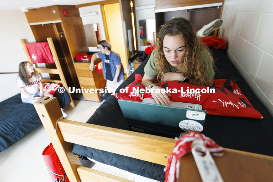 Students studying in the dorm rooms. Housing Photo Shoot in Able Sandoz Residence Hall. September 27, 2022. Photo by Craig Chandler / University Communication.