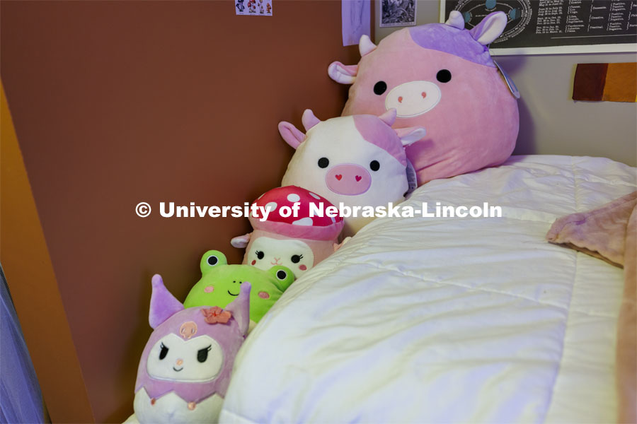 Squishmallow pillows line the top of a student's bed. Housing Photo Shoot in The Courtyards Residence Hall. September 27, 2022. Photo by Craig Chandler / University Communication.