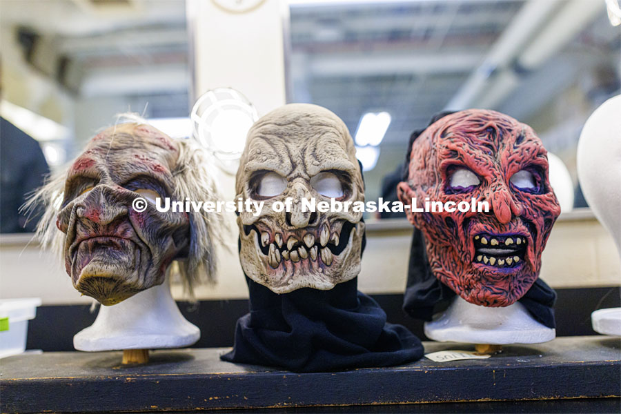 Masks await their actors backstage. ShakesFear production in the Temple Building. October 21, 2022. Photo by Craig Chandler / University Communication.