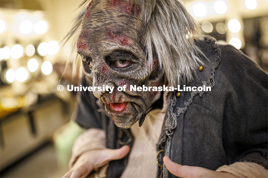 Jackson Wells dressed as the Gravedigger to scare on a recent Friday evening. ShakesFear production in the Temple Building. October 21, 2022. Photo by Craig Chandler / University Communication.