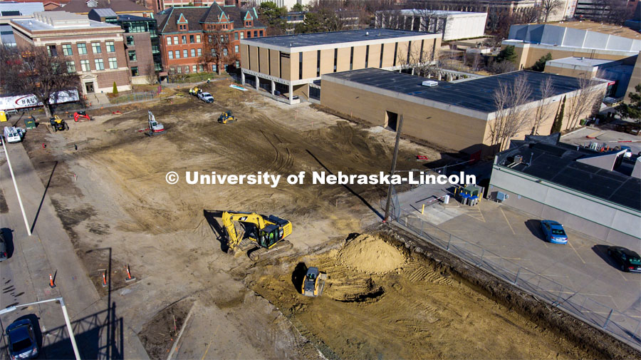 The former parking lots at 10th and Q are being excavated as the new Fine and Performing Arts building is being built. January 10, 2023. Photo by Craig Chandler / University Communication.