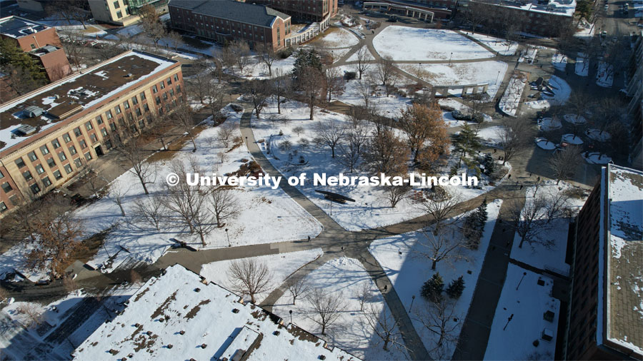 Aerial view of City Campus. Spring semester begins with some snow and ice. January 23, 2023. Photo by Craig Chandler / University Communication.