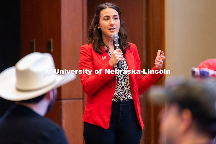 University of Nebraska interim director of admissions Kayla Tupper speaks to students during student admission’s National Tailgate at the Wick Alumni Center. Admitted Student Day is UNL’s in-person, on-campus event for all admitted students. March 24, 2023. Photo by Jordan Opp for University Communication.