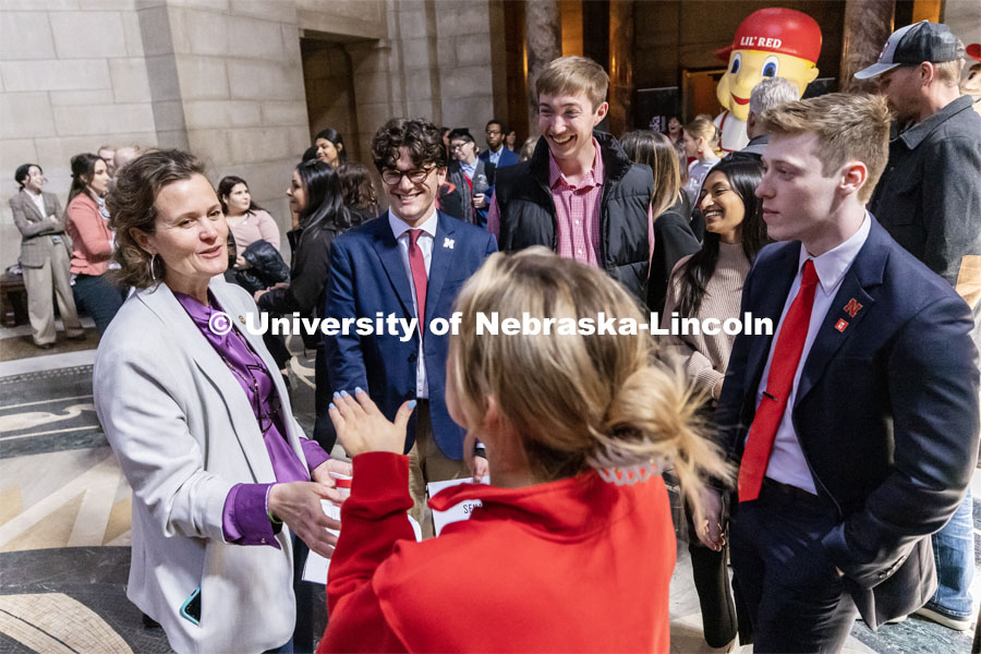 Senator Jana Hughes, who represents District 24 and Seward, talks with the UNL contingent at the I Love NU advocacy event at the Nebraska State Capitol. April 5, 2023. Photo by Craig Chandler / University Communication.