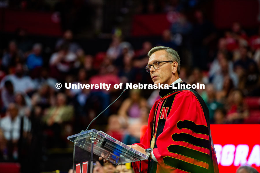 Chancellor Ronnie Green gives his remarks at the 2023 Spring Graduate Commencement in Bob Devaney Sports Center. May 19, 2023. Photo by Justin Mohling for University Communication.