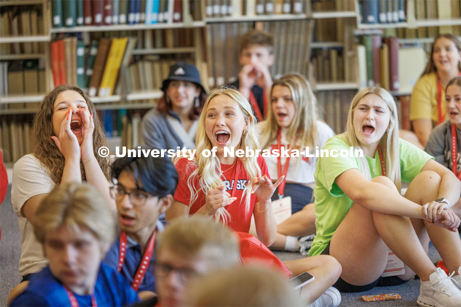 NSE students yell “Power” as they compete to be the loudest in the Husker Power yell. New Student Enrollment ( NSE ) on City Campus. June 13, 2023. Photo by Craig Chandler / University Communication.
