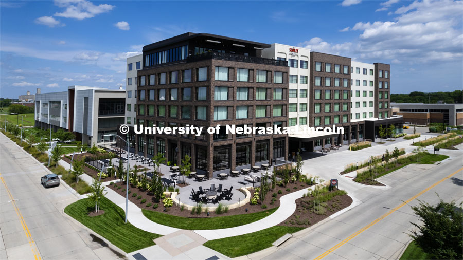 Exterior view of the Scarlet Hotel at Nebraska Innovation Campus. July 20, 2023. Photo by Craig Chandler / University Communication.
