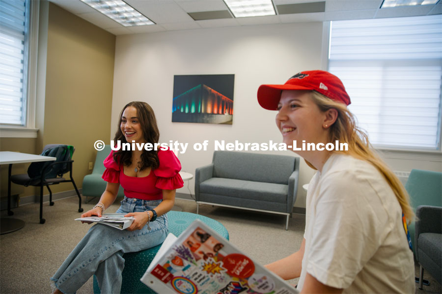 CARE Peer Educators Lydia Storm and Kaitlyn Richards discuss hosting Sexual Assault and Relationship Violence Prevention workshops. CARE Peer Educators. September 20, 2023. Photo by Matthew Strasburger / University Communication.