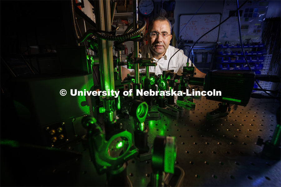 Abdelghani Laraoui, is working to find materials that would improve the performance of quantum computing. To do this, they need to create an environment that is super cold – talking close to zero Kelvin. Laraoui said the NSF money, in part, is helping to fund the purchase of a state-of-the-art MRI that creates such cold environments. It would make UNL one of the few places in the US that this type of research could take place. October 12, 2023. Photo by Craig Chandler / University Communication.