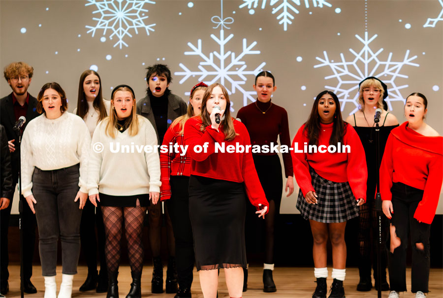 UNL’s The Red Keys, an A Cappella group on campus, hosted their winter showcase in the Swanson Auditorium to highlight all their hard work and talent from this semester. December 1, 2023. Photo by Kylie Galvin / Office of Student Affairs.