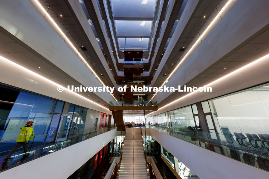 Looking east in the atrium toward the internal staircase of Kiewit Hall. January 16, 2024. Photo by Craig Chandler / University Communication and Marketing.