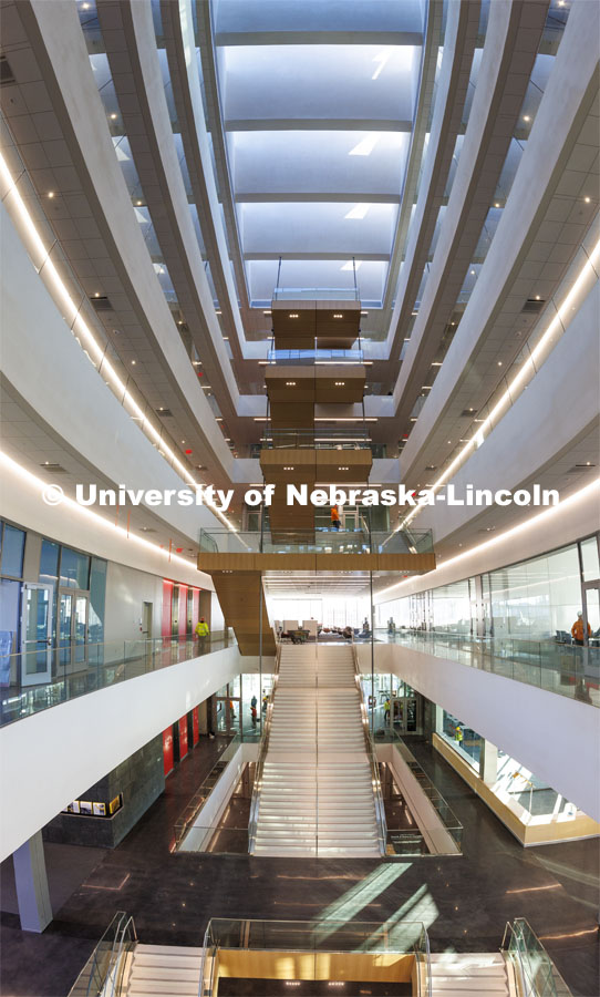 Looking east in the atrium toward the internal staircase of Kiewit Hall. January 16, 2024. Photo by Craig Chandler / University Communication and Marketing.