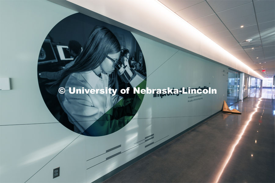 One of the graphics in an east-end passageway. Kiewit Hall. January 16, 2024. Photo by Craig Chandler / University Communication and Marketing.