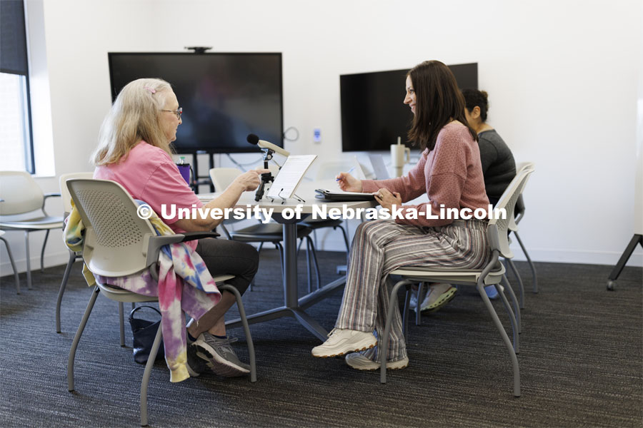 Jessie Kohn (right), Lecturer in Special Education and Communication Disorders, talks with Rhonda Heiserman of Lincoln, following her clinic session. Parkinson Voice Project. February 6, 2024. Photo by Craig Chandler / University Communication and Marketing.