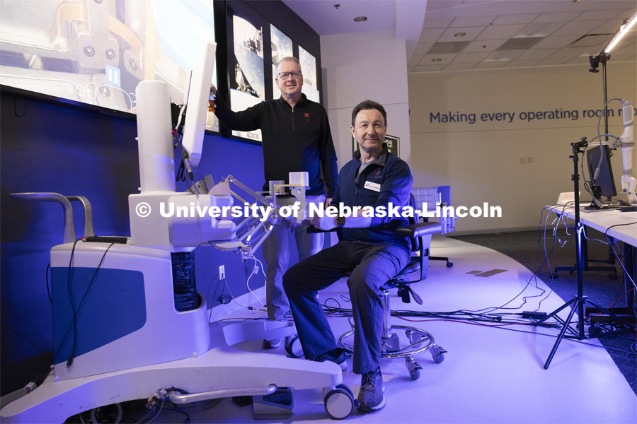 Nebraska Engineering professor and Virtual Incision founder Shane Farritor and Dr. Dmitry Oleynikov. Virtual Incision successfully performed robotic surgery on the International Space Station. Controlled from the Virtual Incision offices in Lincoln, NE, surgeons cut rubber bands–mimicking surgery–inside a payload box on the International Space Station. February 10, 2024. Photo by Craig Chandler / University Communication and Marketing.