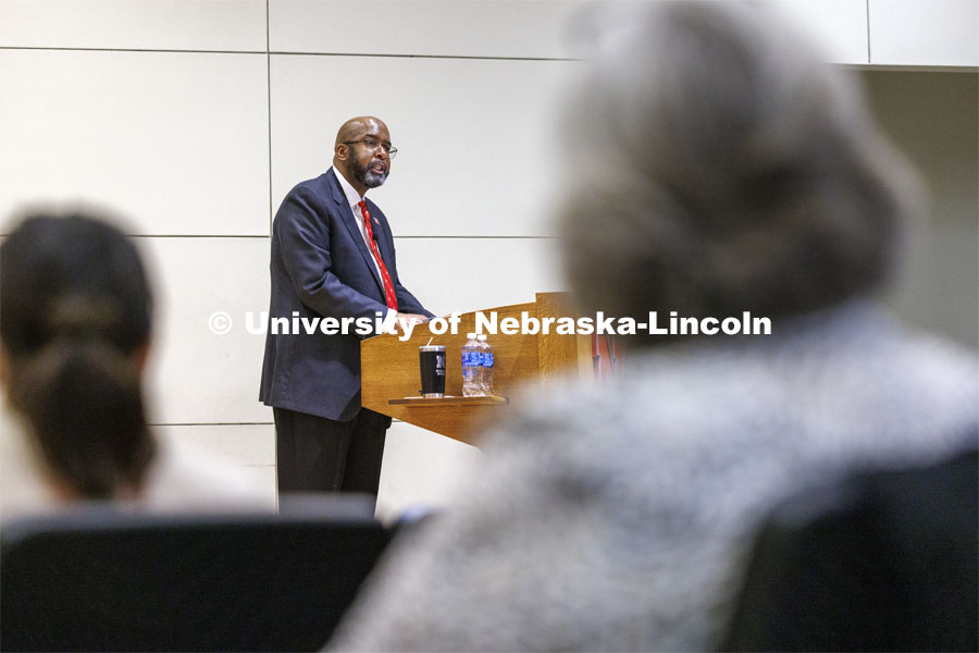 Chancellor Rodney Bennett delivers his vision to an assembled group of deans and directors in the Nebraska Union auditorium. He and the vice chancellors then answered questions for approximately 45 minutes. Charter Day. February 15, 2024. Photo by Craig Chandler / University Communication and Marketing.