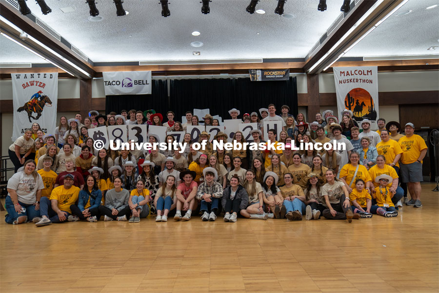 Group photo of the Dance Marathon student attendees and miracle families. University of Nebraska–Lincoln students raised $83,702.24 during the annual HuskerThon. Also known as Dance Marathon, the event is part of a nationwide fundraiser supporting Children’s Miracle Network Hospitals. The annual event, which launched in 2006, is the largest student philanthropic event on campus. The mission of the event encourages participants to, “dance for those who can’t.” All funds collected by the Huskers benefit the Children’s Hospital and Medical Center in Omaha. March 2, 2024. Photo by Kirk Rangel.
