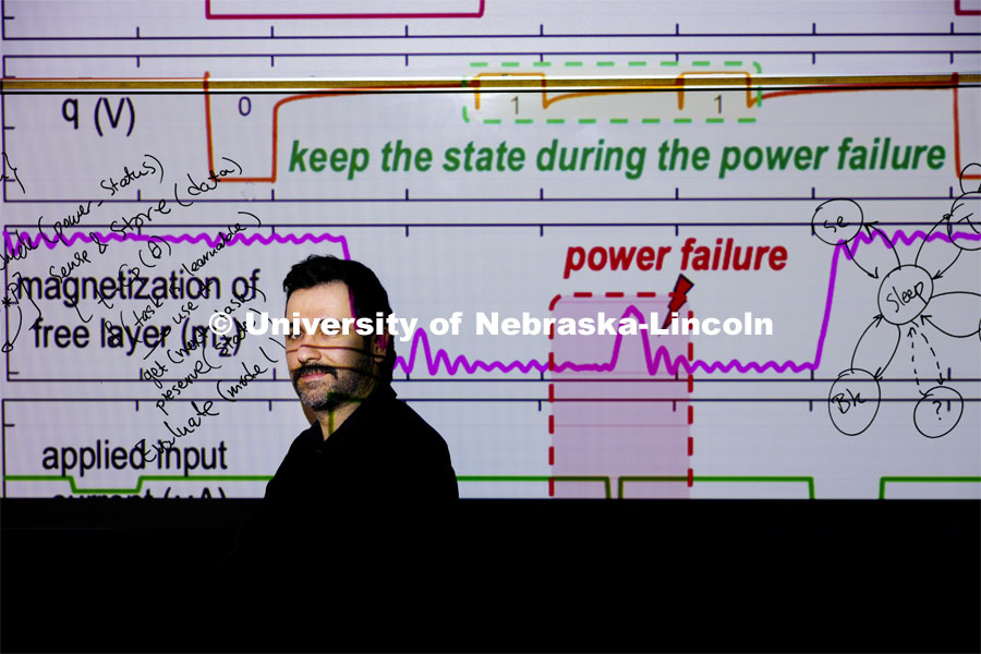 Arman Roohi, Assistant Professor in the School of Computing, is a CAREER awardee. His project is focused on developing algorithms/software to enable battery-less edge intelligence. The self-powered Internet of Things: smarter devices, greener planet. The graph behind him shows IoT nodes can operate autonomously and sustainably to realize instant computing and efficient learning, although power failures can occur because of ambient energy sources. March 12, 2024. Photo by Craig Chandler / University Communication and Marketing.