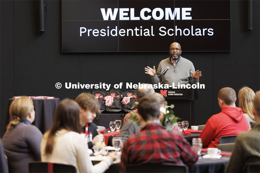 Chancellor Rodney Bennett addresses the students at the Presidential Scholar breakfast before Admitted Student Day. Admitted Student Day is UNL’s in-person, on-campus event for all admitted students. March 23, 2024. Photo by Craig Chandler / University Communication and Marketing.